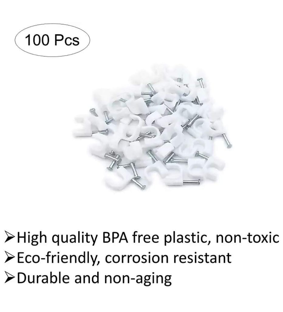 INDRICO? Hardware Circle Wire Cable Clips with Steel Nails PVC White (Pack of 100)