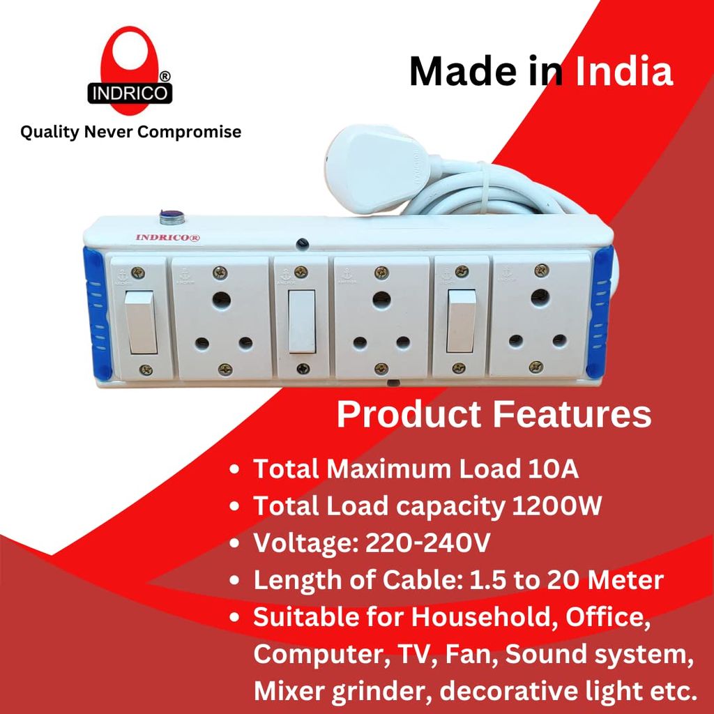 INDRICO Extension Board with Individual Switch 6 Way (Max. Rating 1200W) PVC White Pack of 1