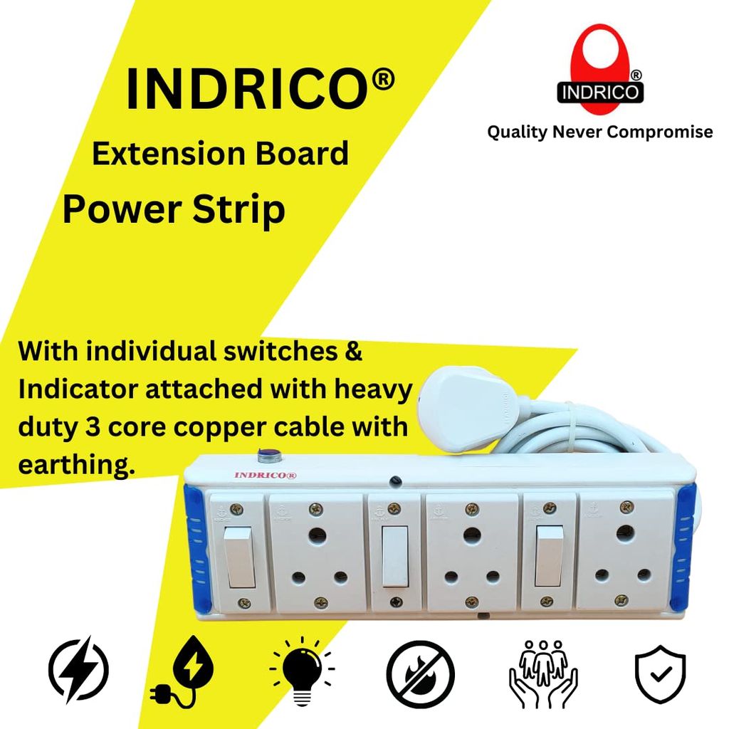 INDRICO Extension Board with Individual Switch 6 Way (Max. Rating 1200W) PVC White Pack of 1