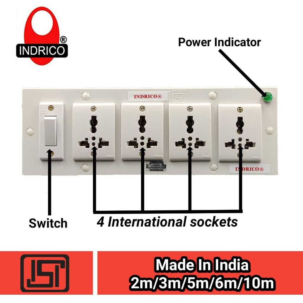 INDRICO? 5050 E-Book 4 + 1 Power Strip Extension Boards with Switch Polycarbonate, Indicator, & 4 International sockets White (Pack of 1)