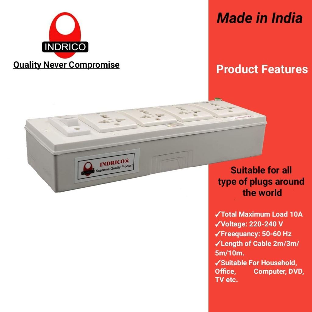 INDRICO? 5050 E-Book 4 + 1 Power Strip Extension Boards with Switch Polycarbonate, Indicator, & 4 International sockets White (Pack of 1)