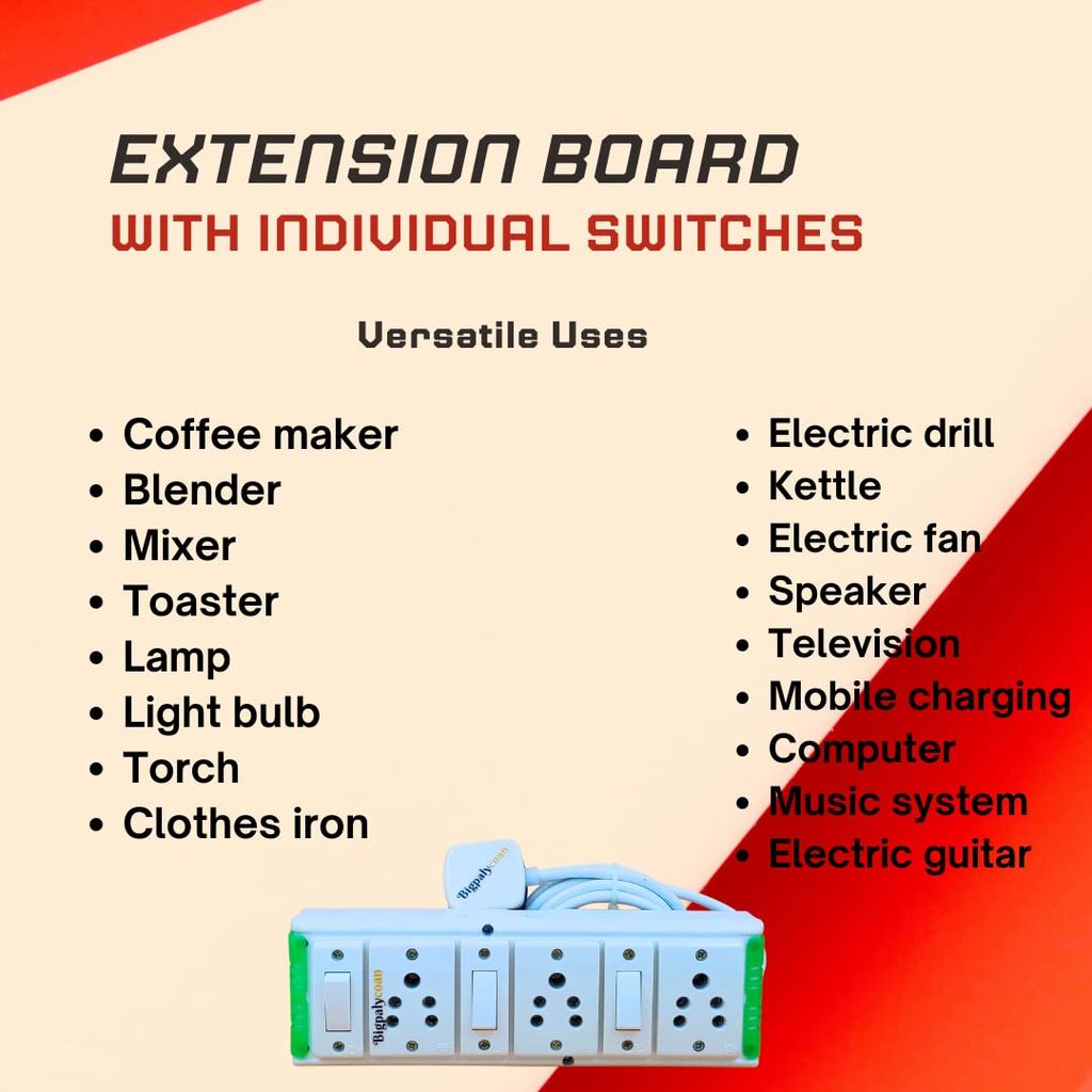 Bigpalycoan 3 Way Electric Extension Board with Individual Switch Heavy Duty Long Cord (Max. Rating 1200W- 230V) PVC Green-White