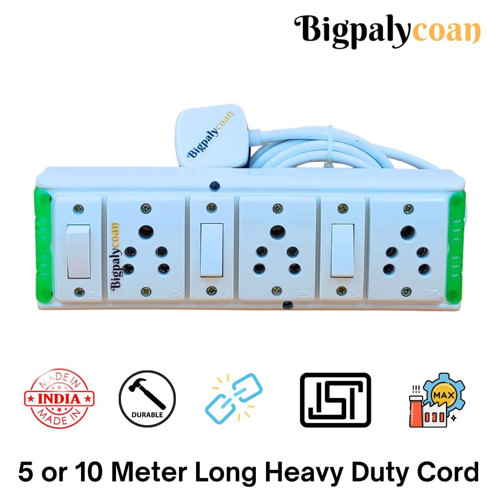 Bigpalycoan 3 Way Electric Extension Board with Individual Switch Heavy Duty Long Cord (Max. Rating 1200W- 230V) PVC Green-White