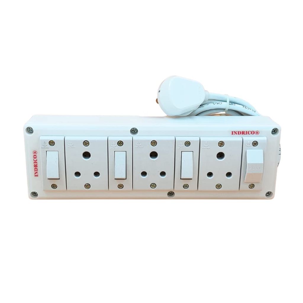 INDRICO Electrical Power Junction Box with Individual Switches Sockets, Long Wire Cable Wall fitting Board Electric Extension Multi Outlets Spike Guard PVC White Pack of 1