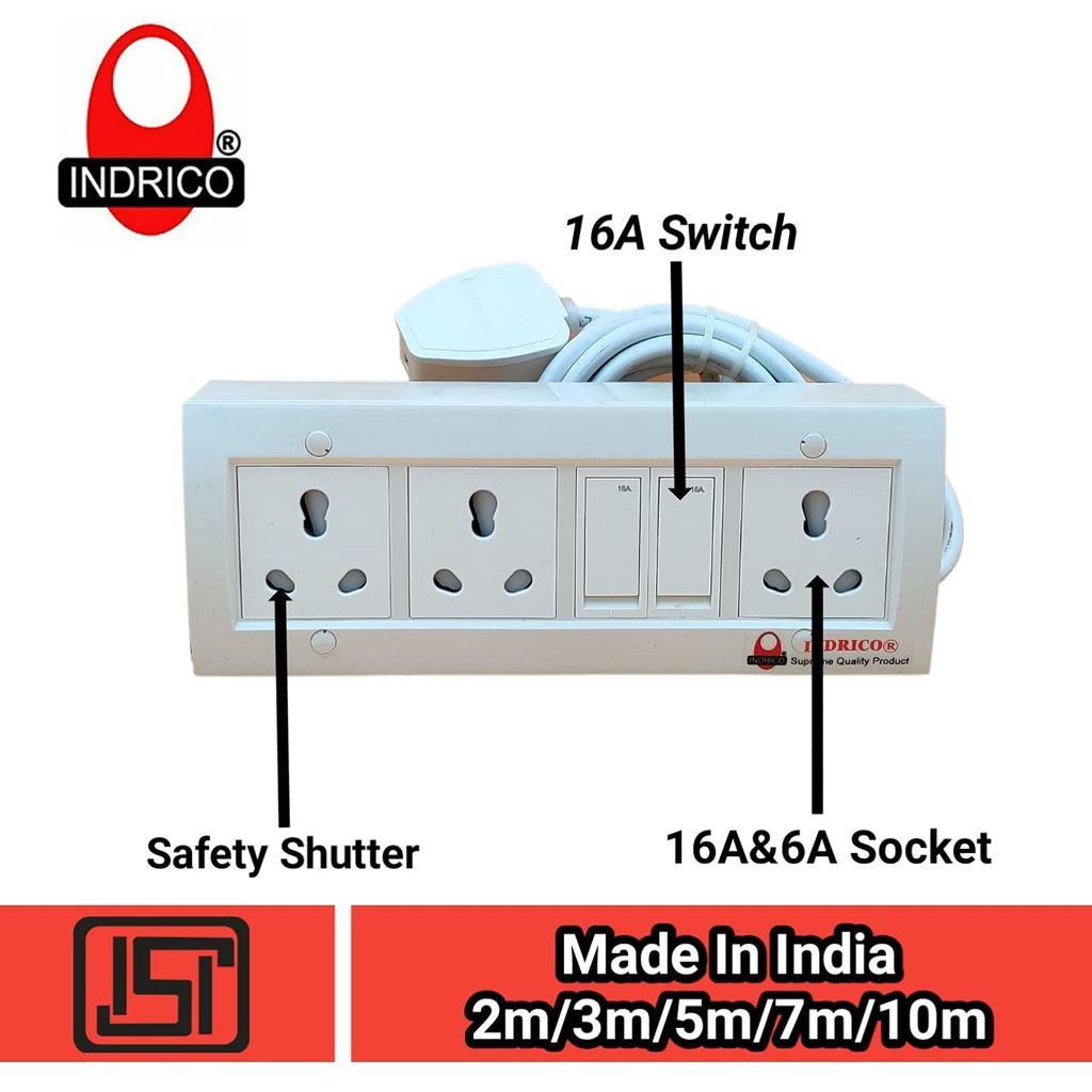 INDRICO 15 Amp Electric Extension Board for Heavy Duty with Individual Switches PVC White Pack of 1