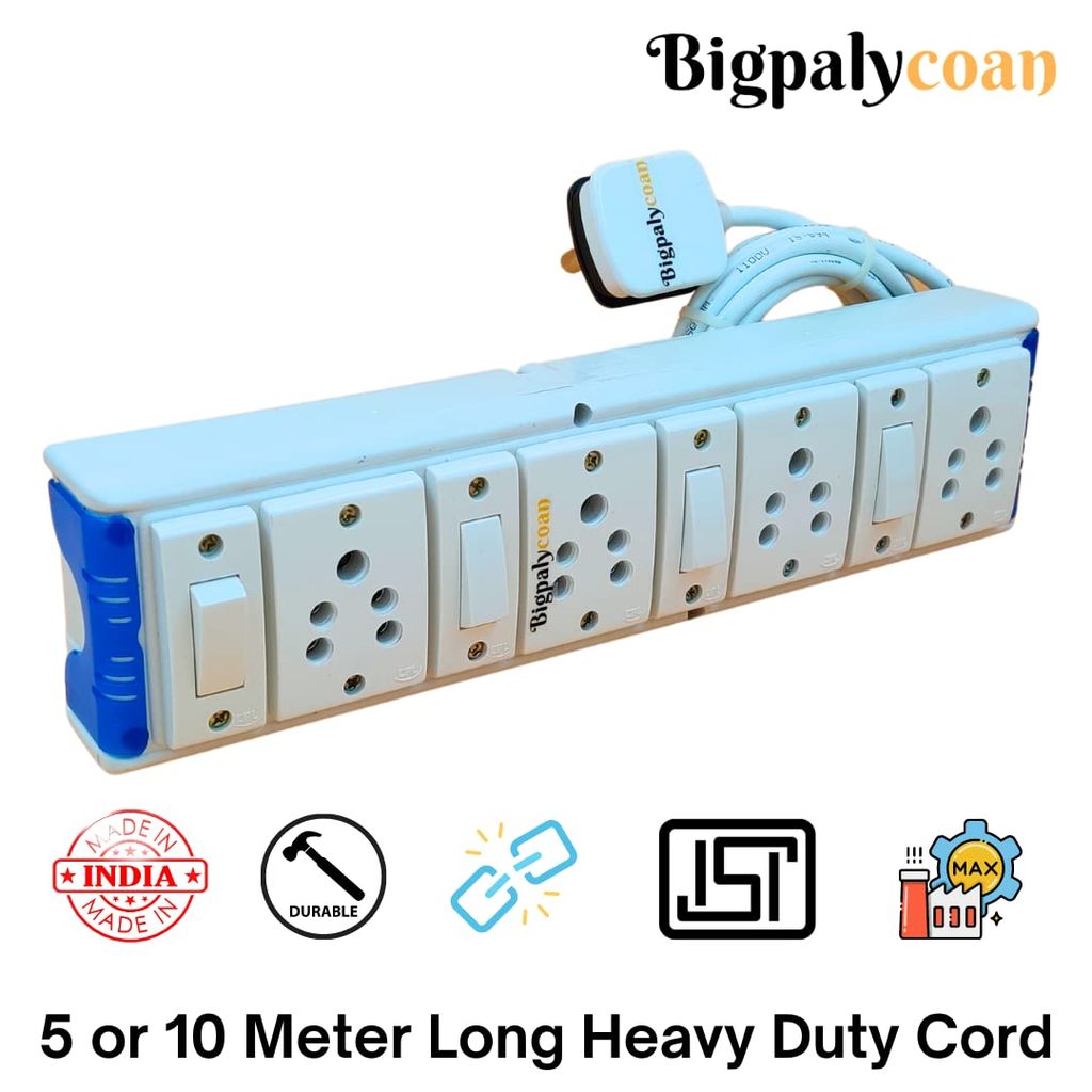 Bigpalycoan 4 Way Extension Cord with Multiple Outlets Individual Switch Heavy Duty Long Cable (Max. Rating 1200W- 230V) PVC Blue/Green-White