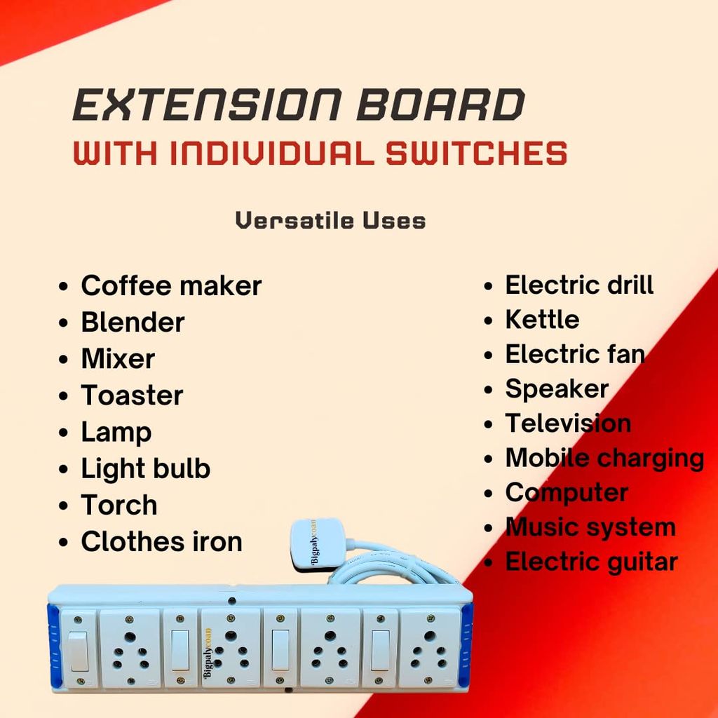 Bigpalycoan 4 Way Extension Cord with Multiple Outlets Individual Switch Heavy Duty Long Cable (Max. Rating 1200W- 230V) PVC Blue/Green-White