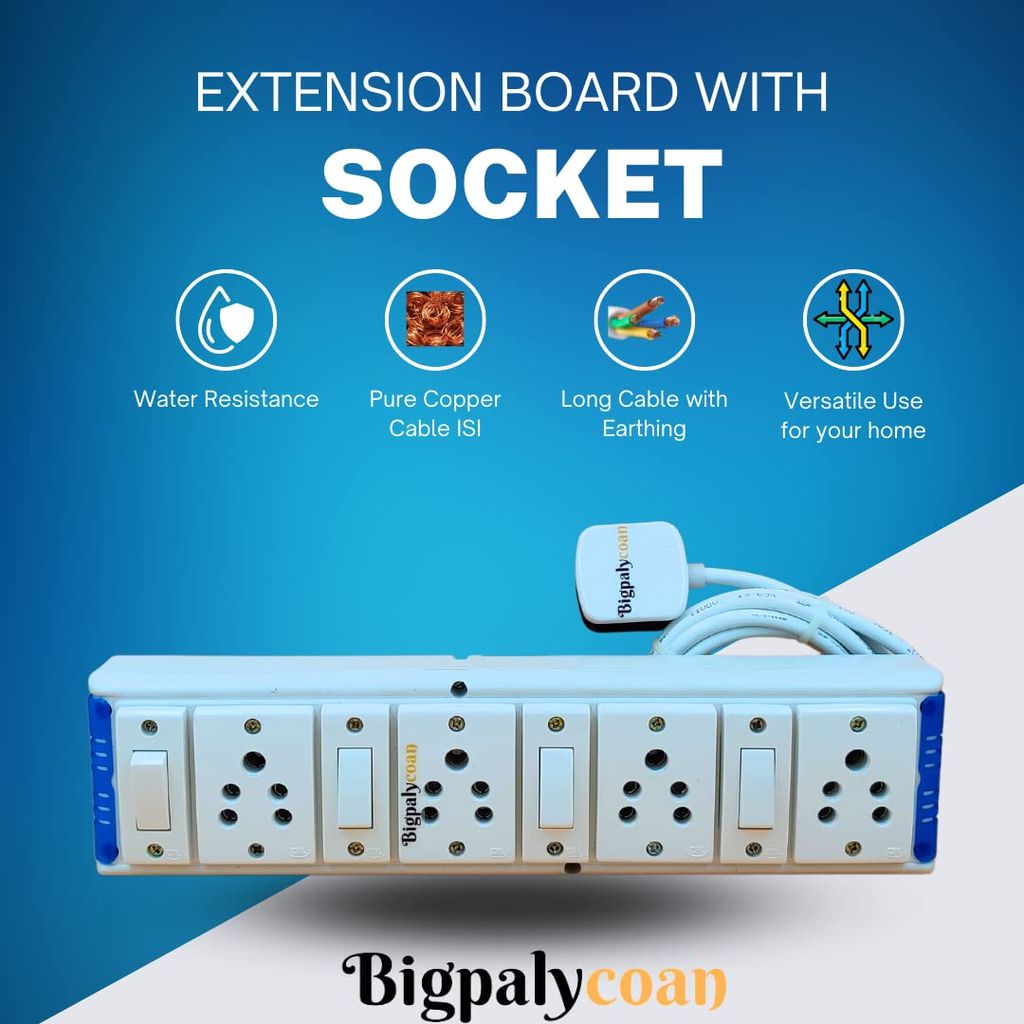 Bigpalycoan 4 Way Extension Cord with Multiple Outlets Individual Switch Heavy Duty Long Cable (Max. Rating 1200W- 230V) PVC Blue/Green-White