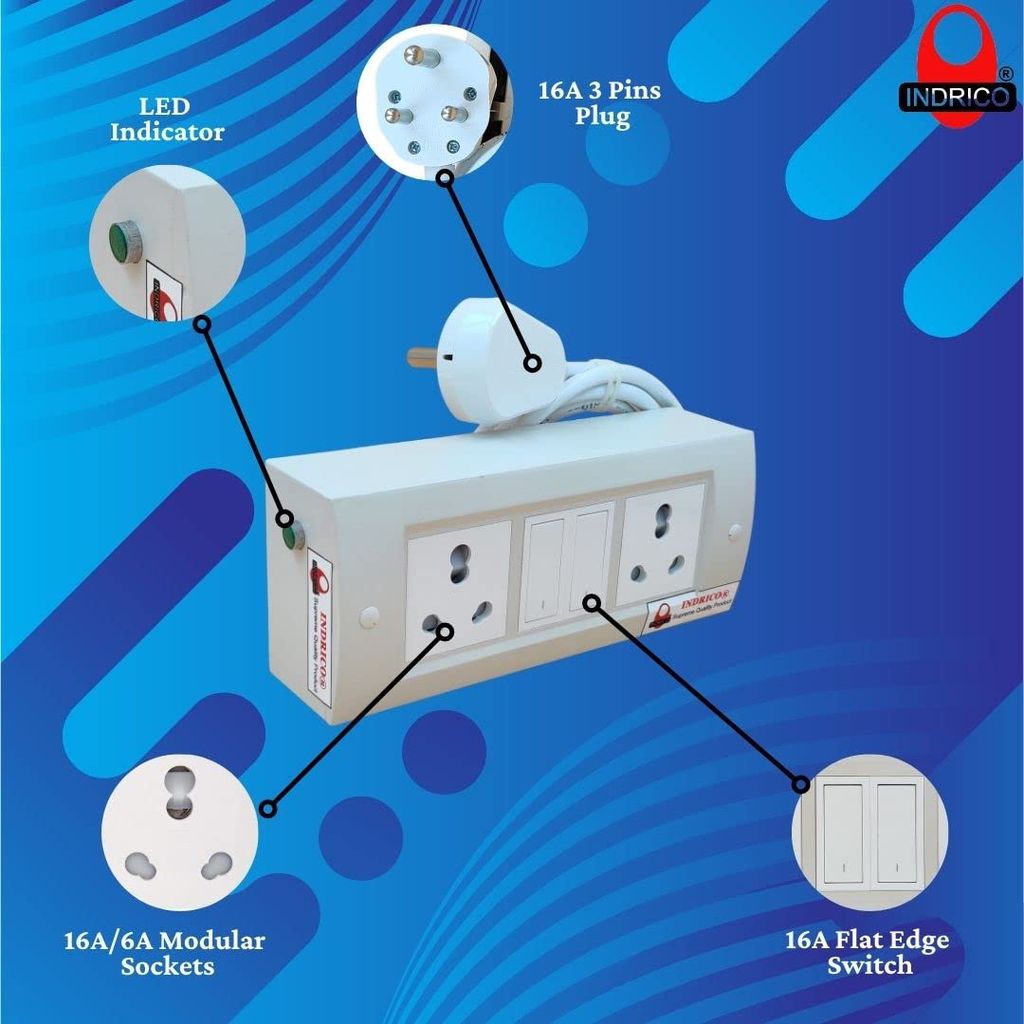 INDRICO 16 Amp Electric Extension Board for Heavy Duty with Individual Switches PVC White Pack of 1