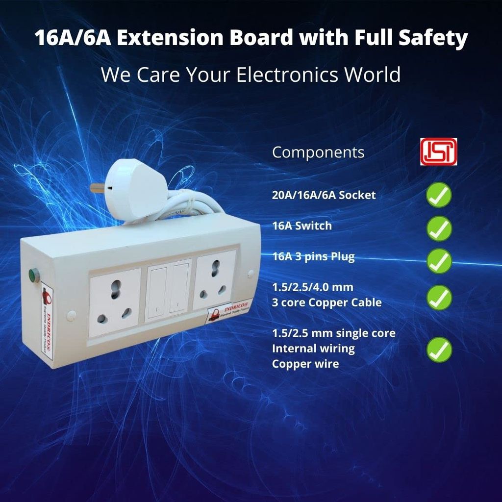 INDRICO 16 Amp Electric Extension Board for Heavy Duty with Individual Switches PVC White Pack of 1