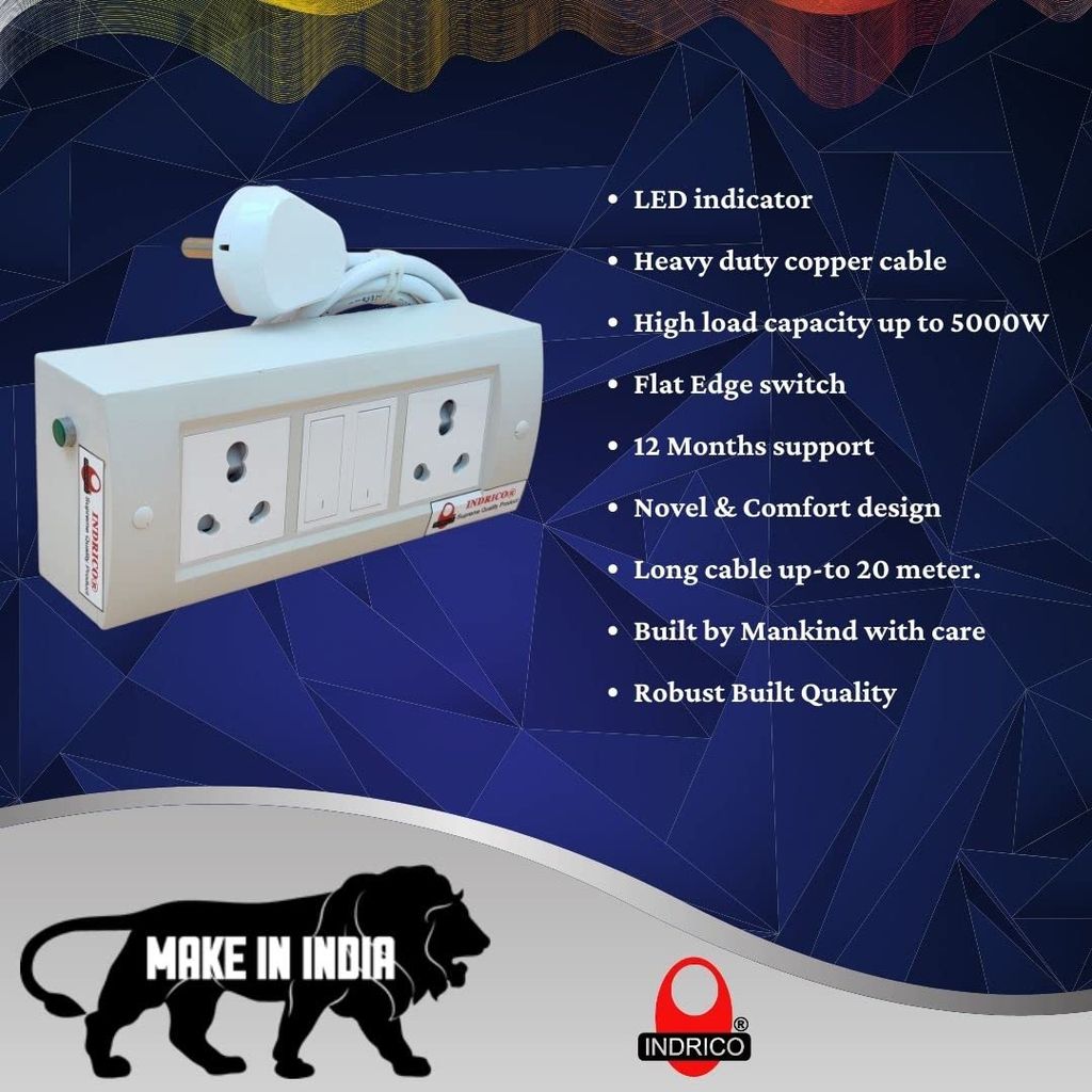 INDRICO 16 Amp Electric Extension Board for Heavy Duty with Individual Switches PVC White Pack of 1