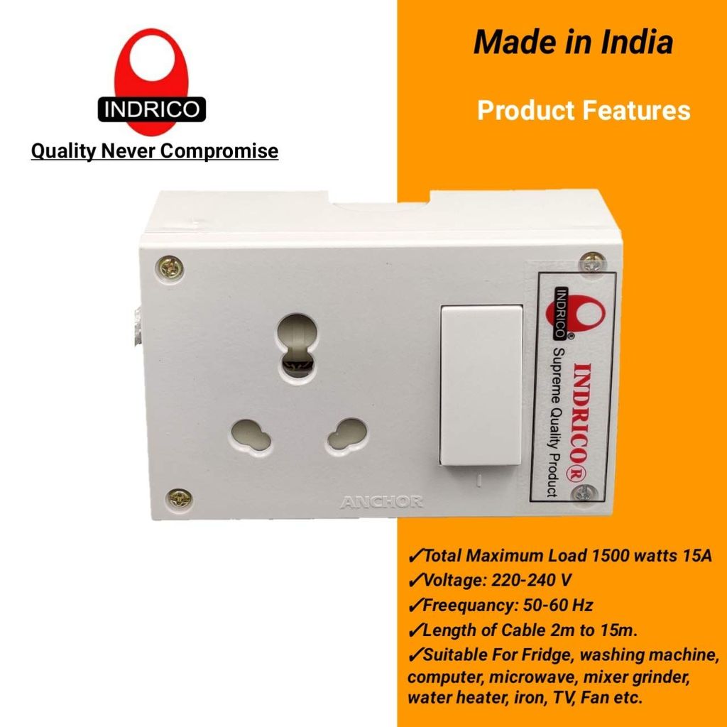 INDRICO? 16 amps Extension Boards 3 Pins max. Load 1500 watts with Cloth Binding Wire White