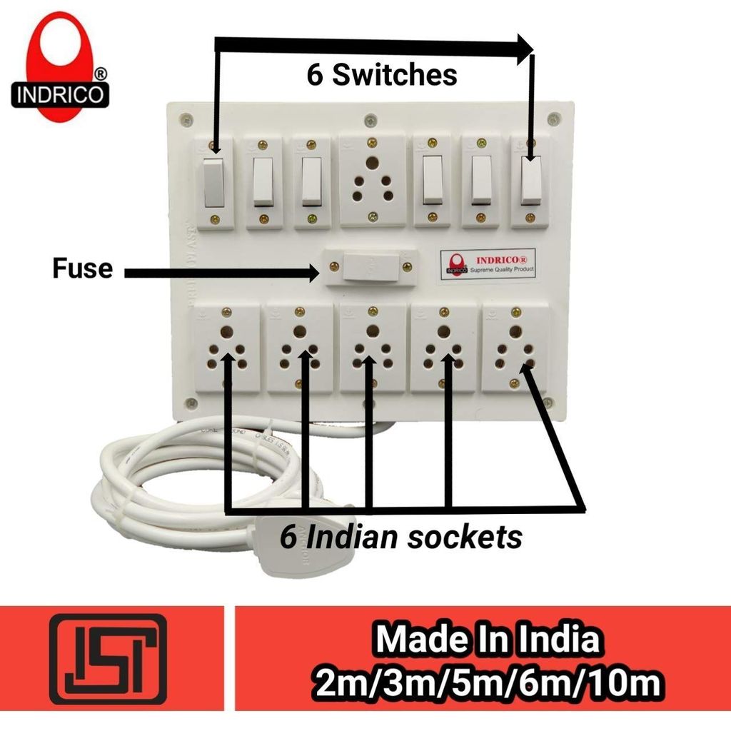 INDRICO? Extension Box 6 Sockets and 6 Switches, Fuse with Heavy Duty Cable White