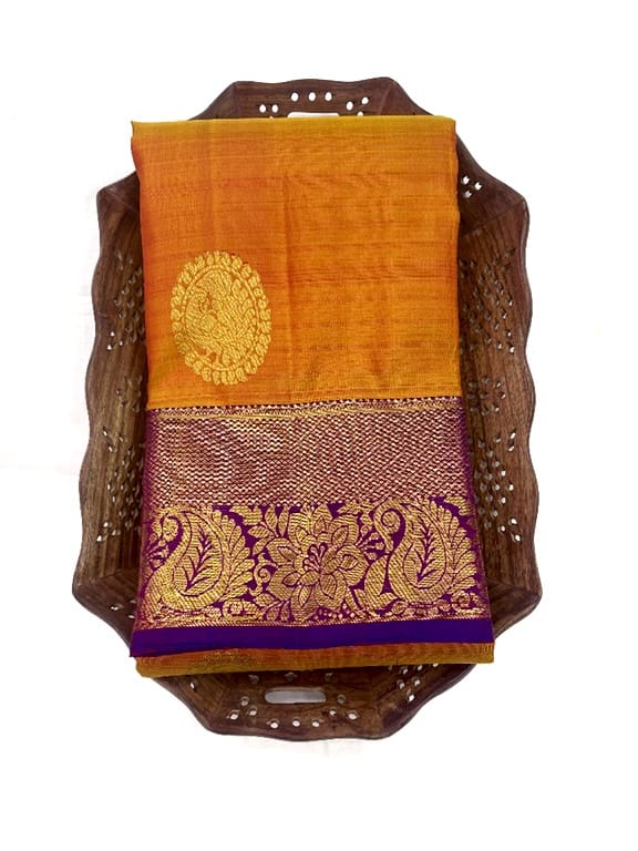 Rust Orange with Purple Color Pure Kanjivaram Silk Saree