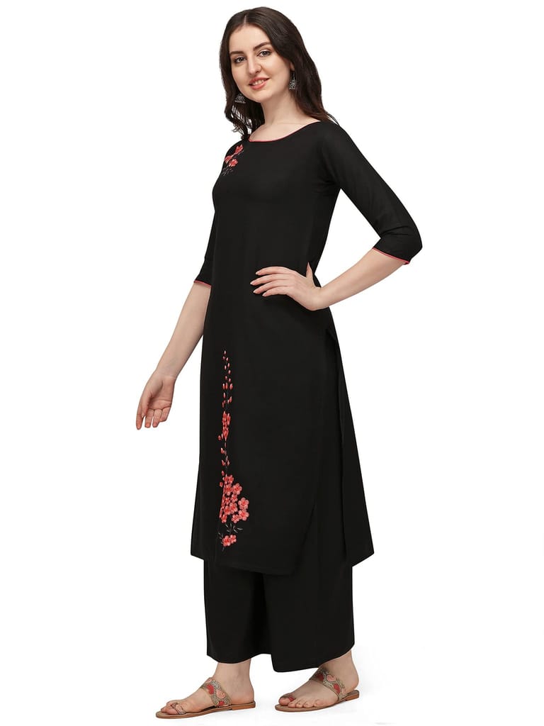 Florence Women Women's Black Rayon Embroidered Kurta Palazzo Set(KTN-335-PZ-109(L),Black)