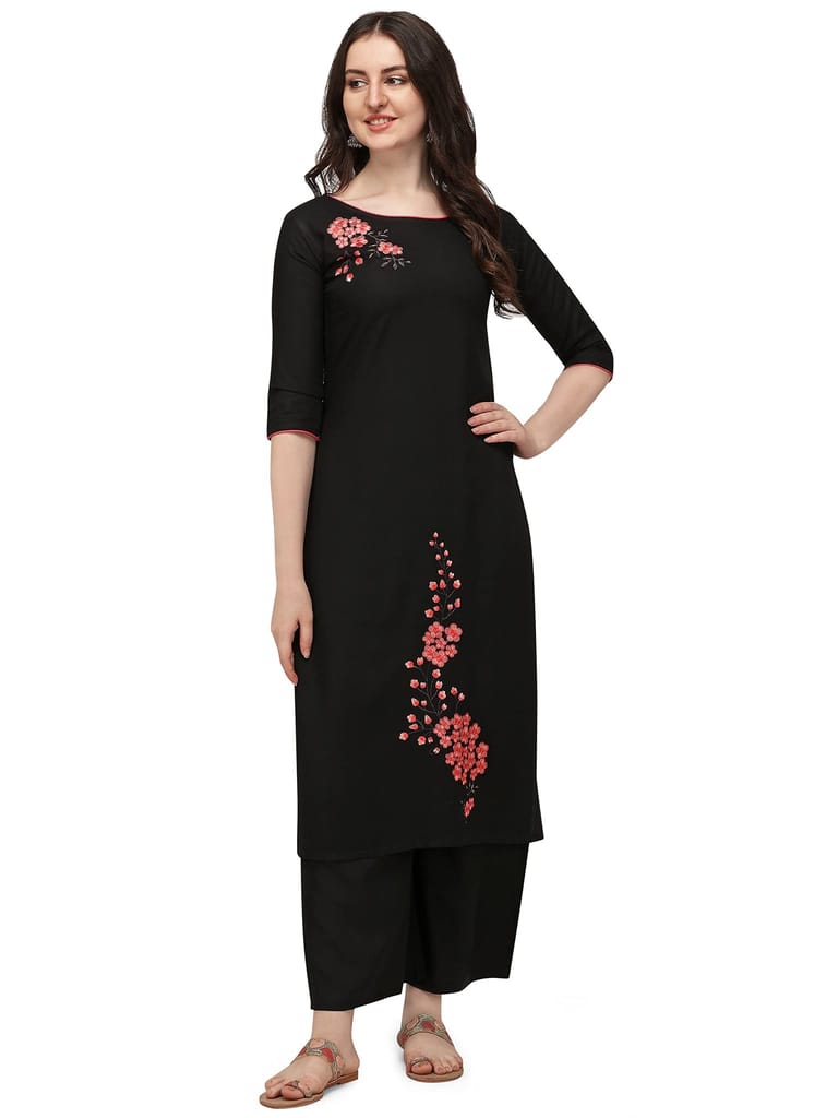 Florence Women Women's Black Rayon Embroidered Kurta Palazzo Set(KTN-335-PZ-109(L),Black)