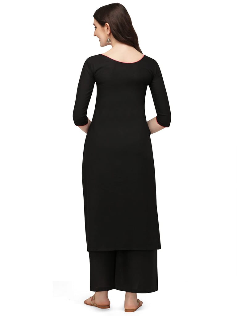 Florence Women Women's Black Rayon Embroidered Kurta Palazzo Set(KTN-335-PZ-109(L),Black)