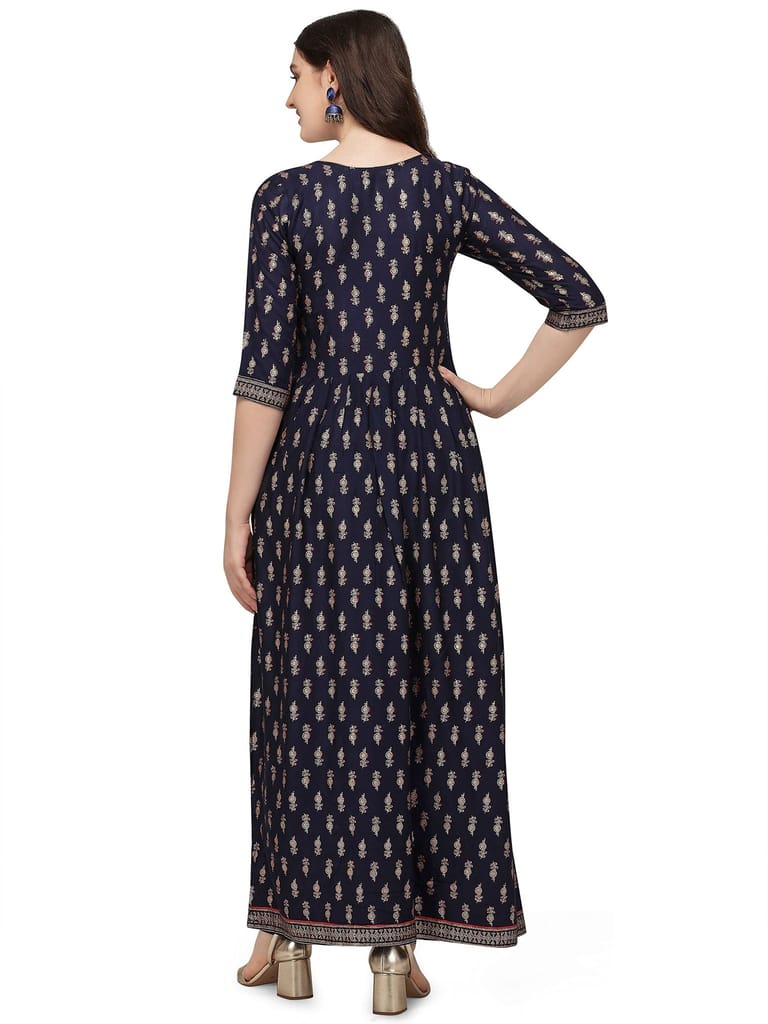 Florence Women Women's Navy Blue Rayon Foil Printed Kurta Palazzo Set(KTN-326-PZ-111(L),Navy Blue)