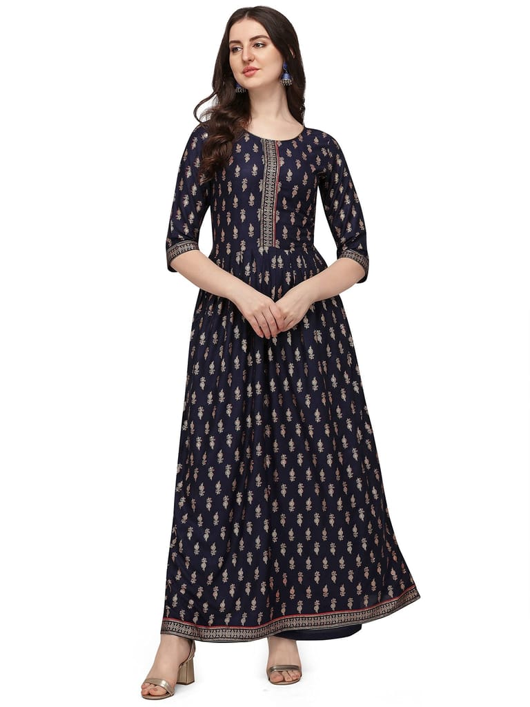 Florence Women Women's Navy Blue Rayon Foil Printed Kurta Palazzo Set(KTN-326-PZ-111(L),Navy Blue)