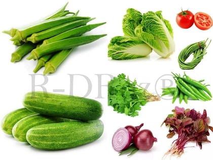 Combo of 9 Vegetables Seeds - Amaranthus Red, Okra Lady Fingers, Tomato, Onion Red, Napa Cabbage, Chilly Green, Lobia Cowpea, Cucumber, Coriander MC1.3