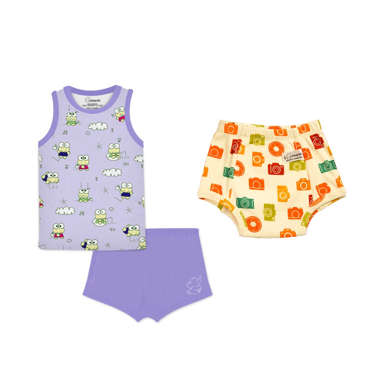 Snugkins - Snug Potty Training Pull-up Pants for Toddlers (Size 1, Fits 1-2yrs) Pack of 1 - Picture Perfect + 100% Organic Cotton Sleeveless T-Shirts Top and Shorts (Size 1, Fits 1-2yrs) - Jumping Joy