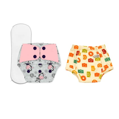 Snugkins Regular Cloth Diapers for day time use + 1 Wet-Free Microfiber Terry Soaker (3m - 3 yrs) - Cheerful Zebra + 1 Potty Training Pant Size 3 (3-4 yrs) - Picture Perfect