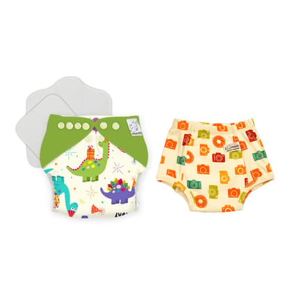 Snugkins New Age Cloth Diapers for Babies (3m-2 yrs) + 1 Wet-Free Organic Cotton Prefold Pad +1 Booster Pad - Birthday Bumps + 1 Potty Training Pant Size 2 (2-3yrs) - Picture Perfect