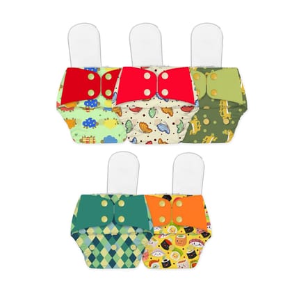 Regular Diaper by Snugkins - Freesize Reusable, Waterproof & Washable Cloth Diapers for day time use. Contains 5 Pocket Diaper & 5 Wet-Free Microfiber Terry Soaker (Fits babies 5-17kgs)