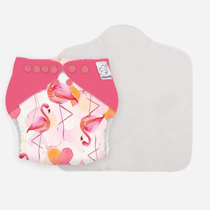 Snugkins -New Age Reusable, Waterproof & Washable Cloth Diapers for Babies (0-2 years).Contains 1 Diaper, 1 Wet-Free Organic Cotton Pad. Fits 5kg - 14kg babies - FLAMINGO