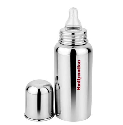 Smilynation Stainless Steel Feeding Bottle 304 Grade with Internal Matt Finish 250ml with silicone Nipple,Shining & Best Quality for new Born Baby(Pack of 1)