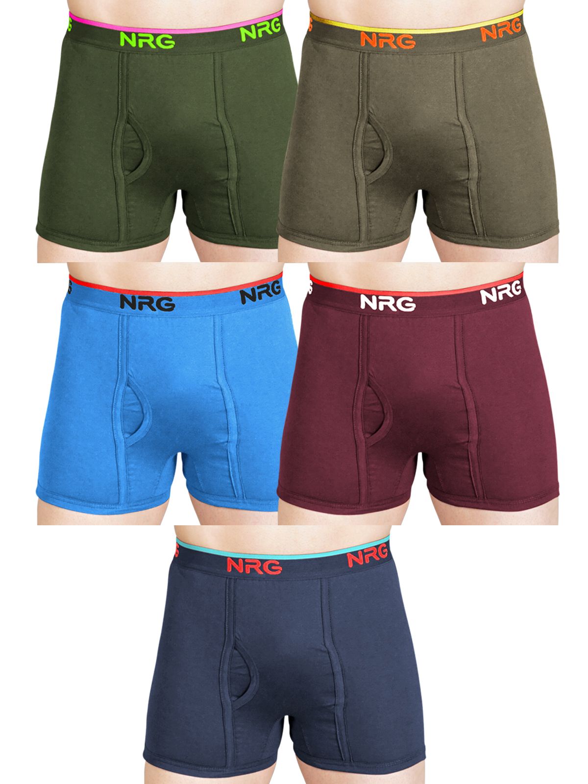NRG Mens Cotton Assorted Colour Without Pocket Trunks ( Pack of 5 Military Green - Dark Green - Light Blue - Maroon - Navy Blue ) G11