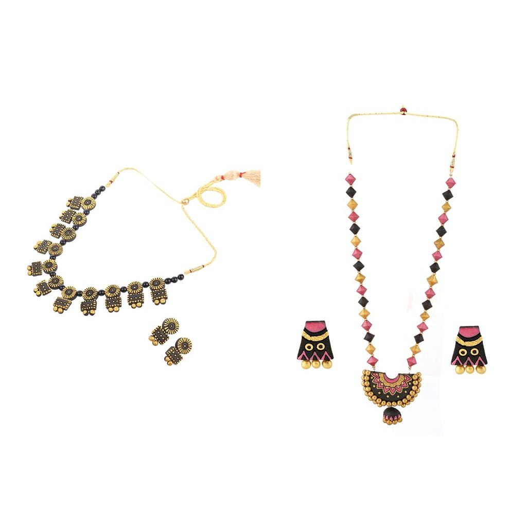 Le bijouxistic Ekam EK traditional temple design terracotta necklace set with earring combo(set of two necklaces) got women and girls for casual and formal wear
