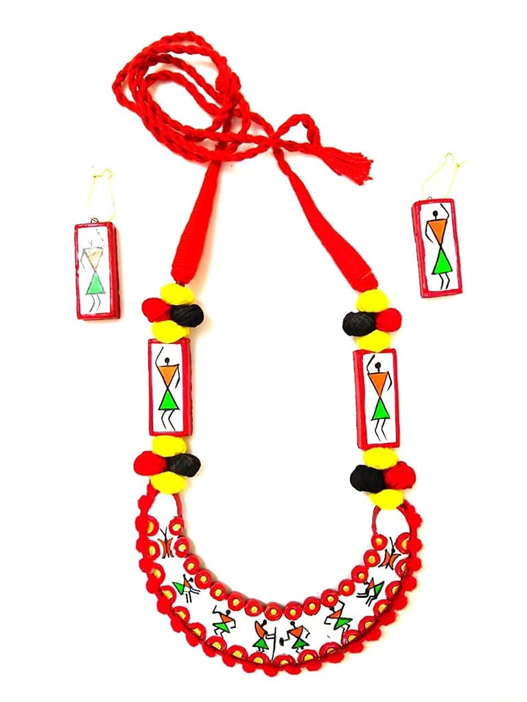 EKAM EK terracotta neckset with earrings for women and girls in white colour warli design for casual and formal wear for saree, suit and skirt for festivals