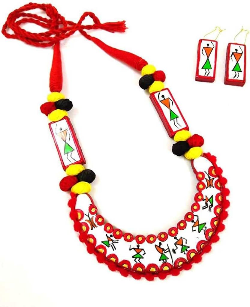 EKAM EK terracotta neckset with earrings for women and girls in white colour warli design for casual and formal wear for saree, suit and skirt for festivals