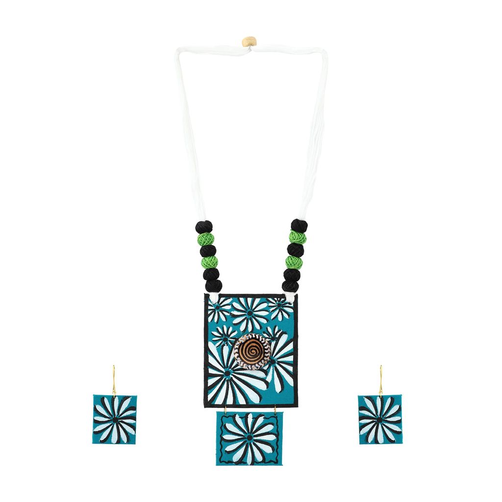 EKAM EK delicately designed square shaped fabric pendent set with earrings with floral design for women and girls for casual and formal occasions