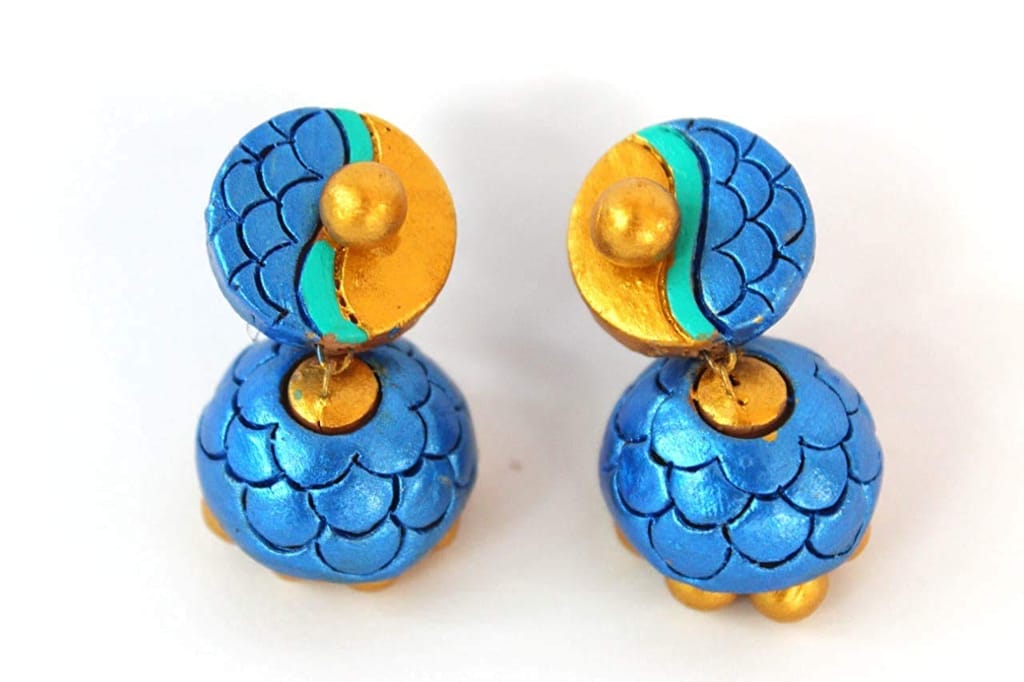 EKAM EK terracotta neckset with earrings for women and girls for casual and formal wear in blue and gold colour for saree, suit and skirt for festivals