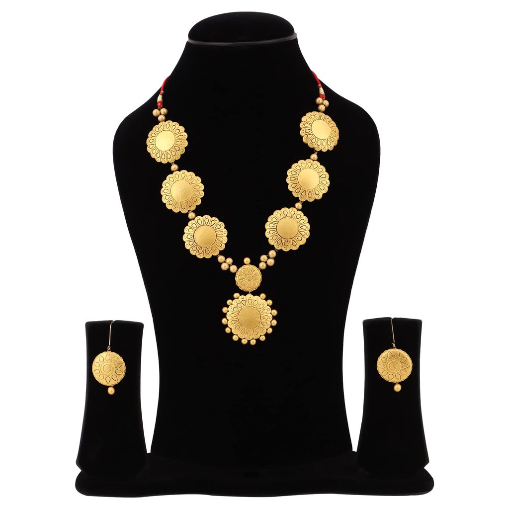 Le bijouxistic EKAM EK TERRACOTTA NECKLACE SET WITH EARRINGS FOR WOMEN AND GIRLS IN GOLD COIN DESIGN FOR CASUAL AND FORMAL WEAR