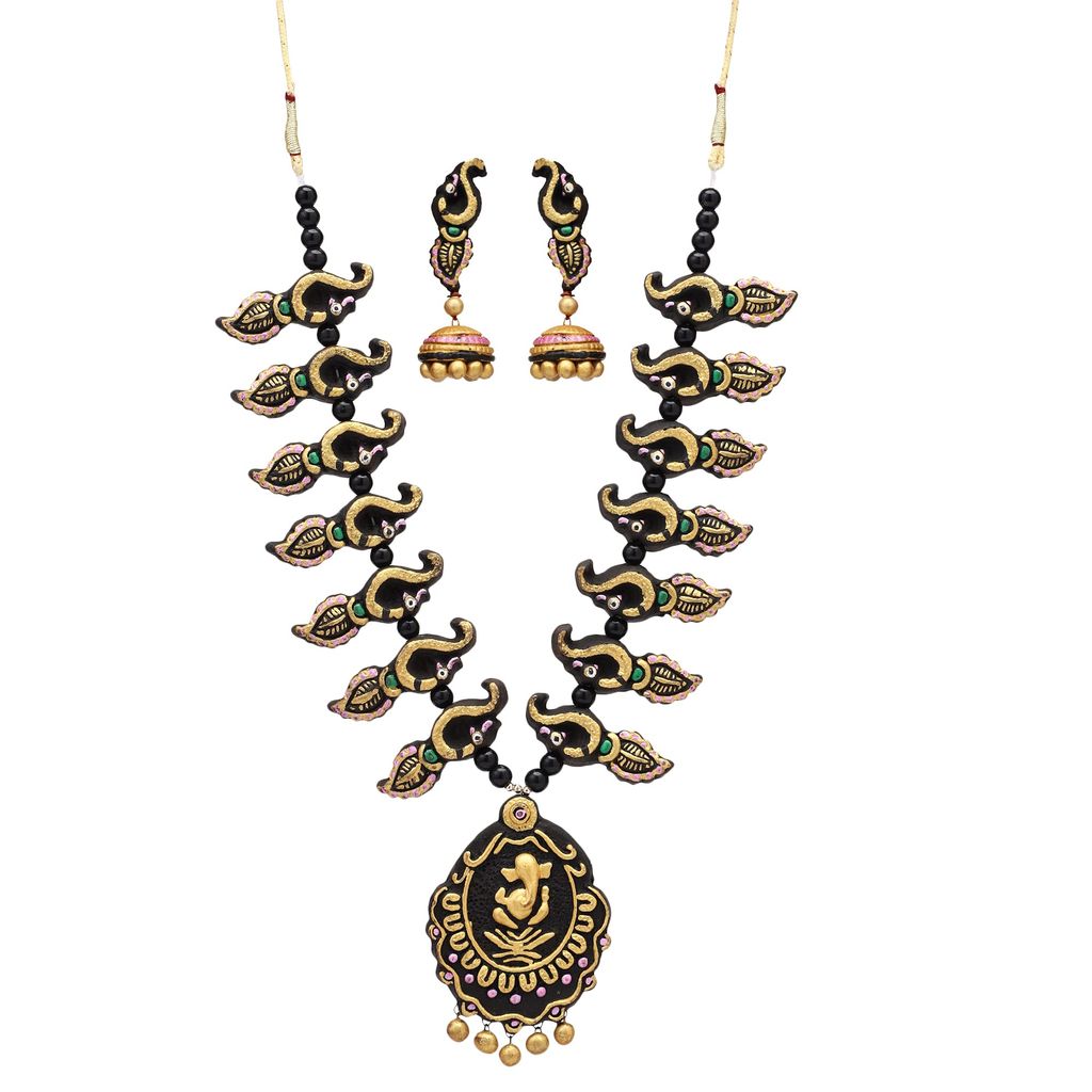 Le bijouxistic EKAM EK black and gold ganesha inspired necklace set with earrings for women