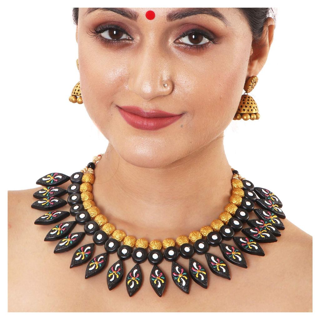 EKAM EK terracotta neckset with earrings for women and girls in BLACK AND GOLD for casual and formal wear for saree, suit and skirt for festivals