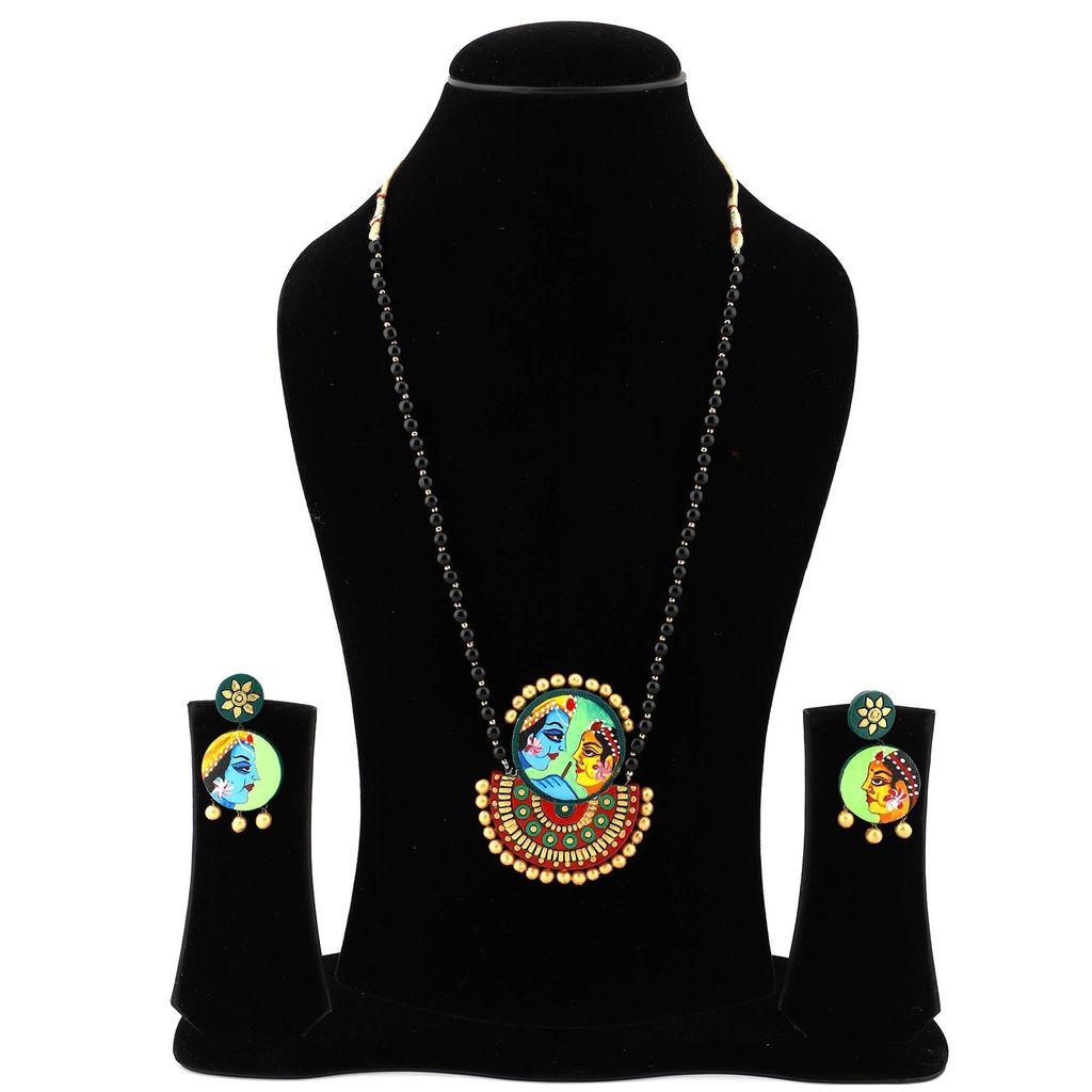 Ekam Ek terracotta necklace with earrings for women and girls for casual and formal wear for suit saree and skirt in multicolour radha krishna motive