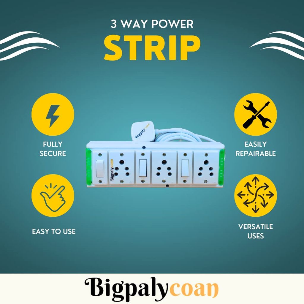 Bigpalycoan 3 Way Electric Extension Board with Individual Switch Heavy Duty 2 metre Cord (Max. Rating 1200W- 230V) PVC Green-White