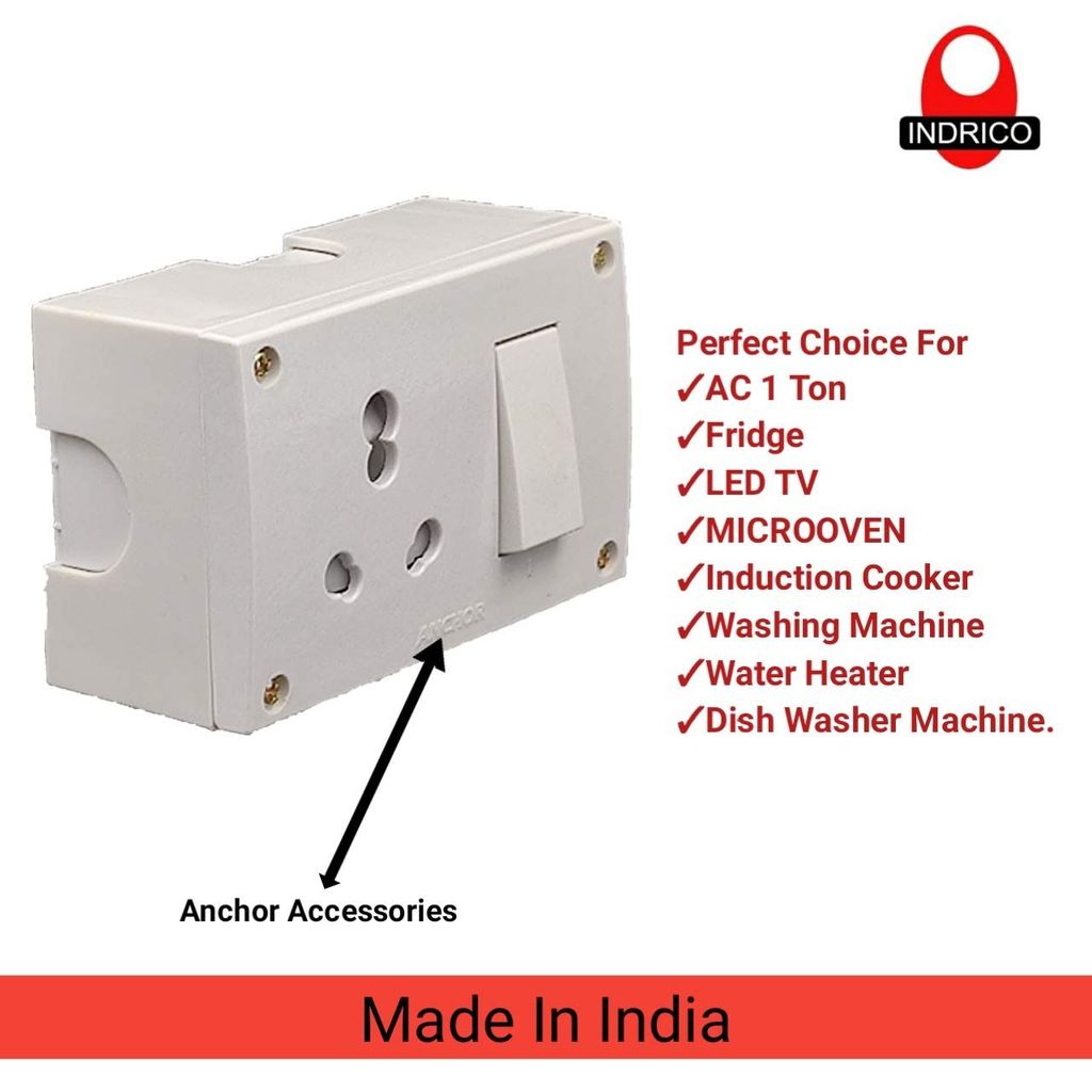 INDRICO? 20A Power Extension Board with 2 Meter Heavy Duty Wire for Microwave, Induction Cooker, Fridge, Washing Machine, 1 Ton A.C, Anchor Switch & Socket & Plug (White)
