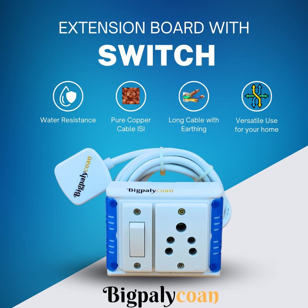 Bigpalycoan 1 Way Extension Multi Outlet Electrical Switch Board with Individual Switch Heavy Duty 2 metre Cord (Max. Rating 1200W- 230V) PVC Blue/Green-White