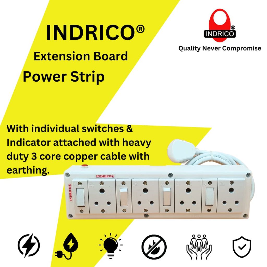INDRICO? 3 Pins Multi Outlet Extension Board with Individual Switch Long Cable (Max. Rating 1200W) White (20 Meter Cable)