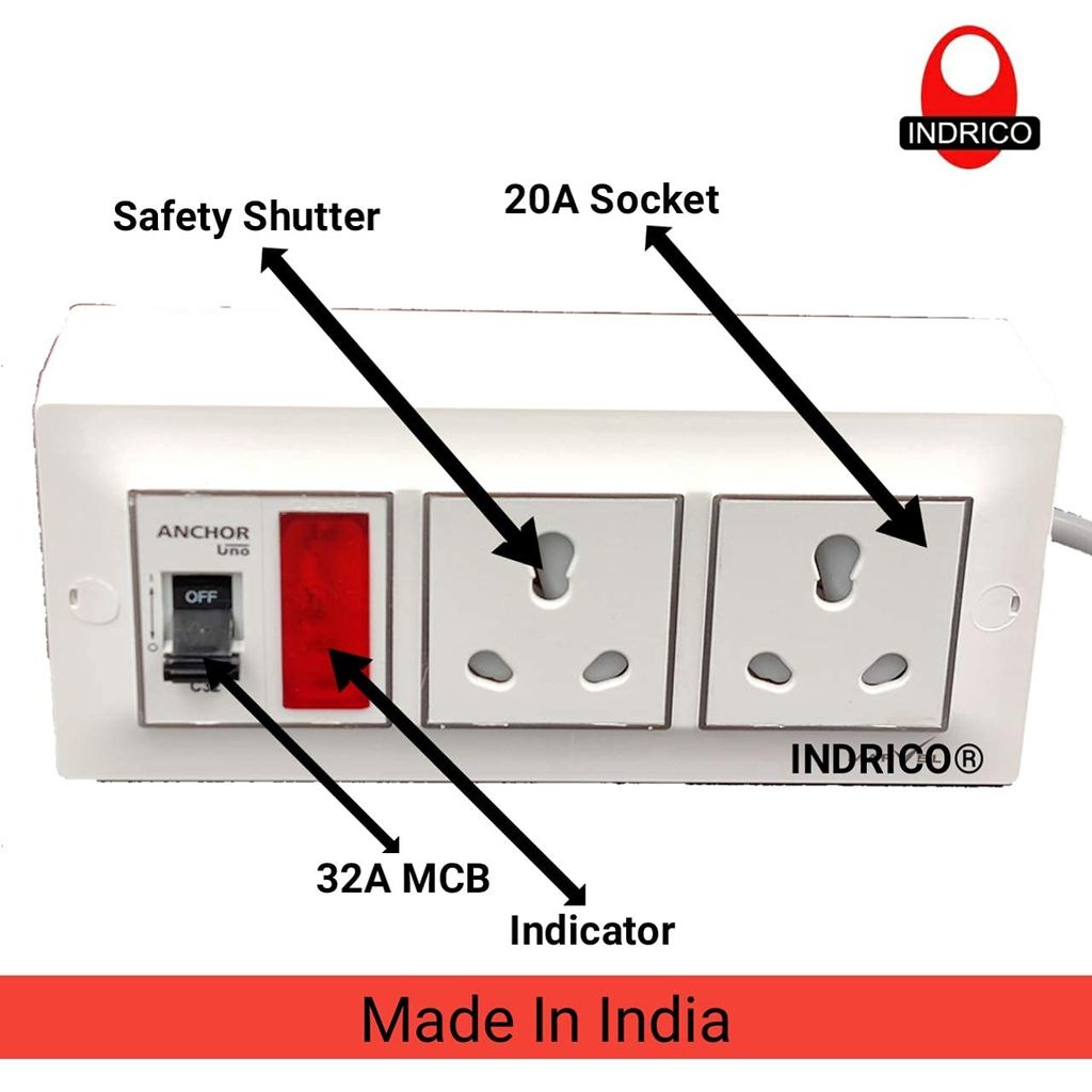 INDRICO AC Switch Board with MCB Multi Outlet Extension Fitted with,2 16A Sockets, Indicator,1 MCB 20A with 4 Metre 1.5 mm 3 core Copper Chord 2200 Watts with 15 Amp Plug PVC White Pack of 1