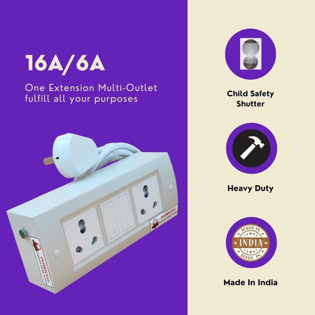 INDRICO 16 Amp Electric Extension Board for Heavy Duty with Individual Switches PVC White Pack of 1