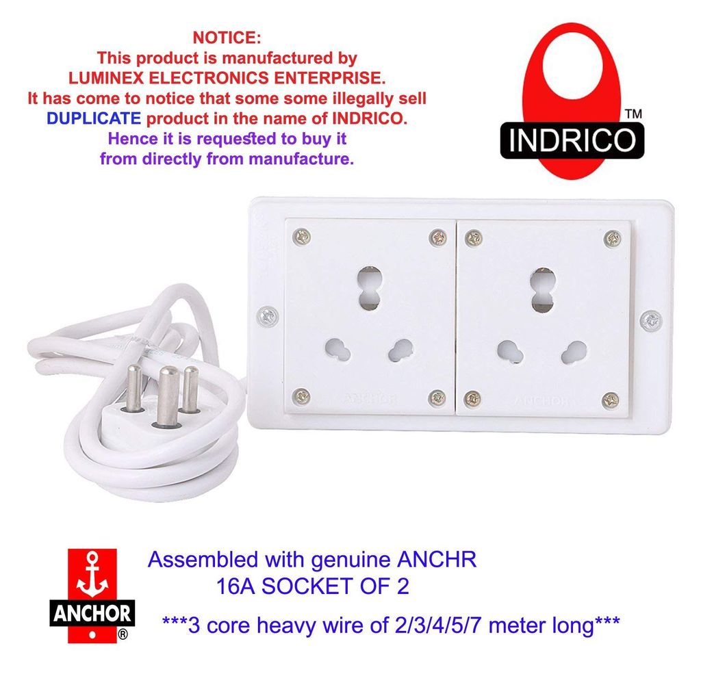 INDRICO Switch Board Power Strip Extension Multi Outlet Board Fitted with 2 Anchor Sockets (15 Amp) with 2/3/4/5/7 Metre Chord with 15 Amp Plug