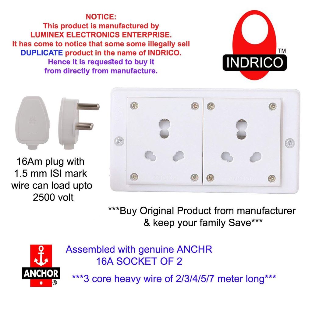 INDRICO Switch Board Power Strip Extension Multi Outlet Board Fitted with 2 Anchor Sockets (15 Amp) with 2/3/4/5/7 Metre Chord with 15 Amp Plug