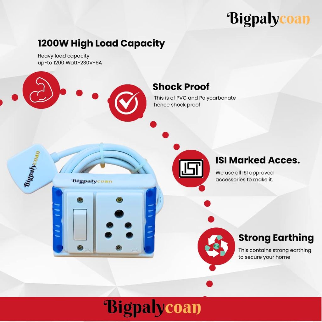 Bigpalycoan 1 Way Extension Multi Outlet Electrical Switch Board with Individual Switch Heavy Duty Long Cord (Max. Rating 1200W- 230V) PVC Blue/Green-White