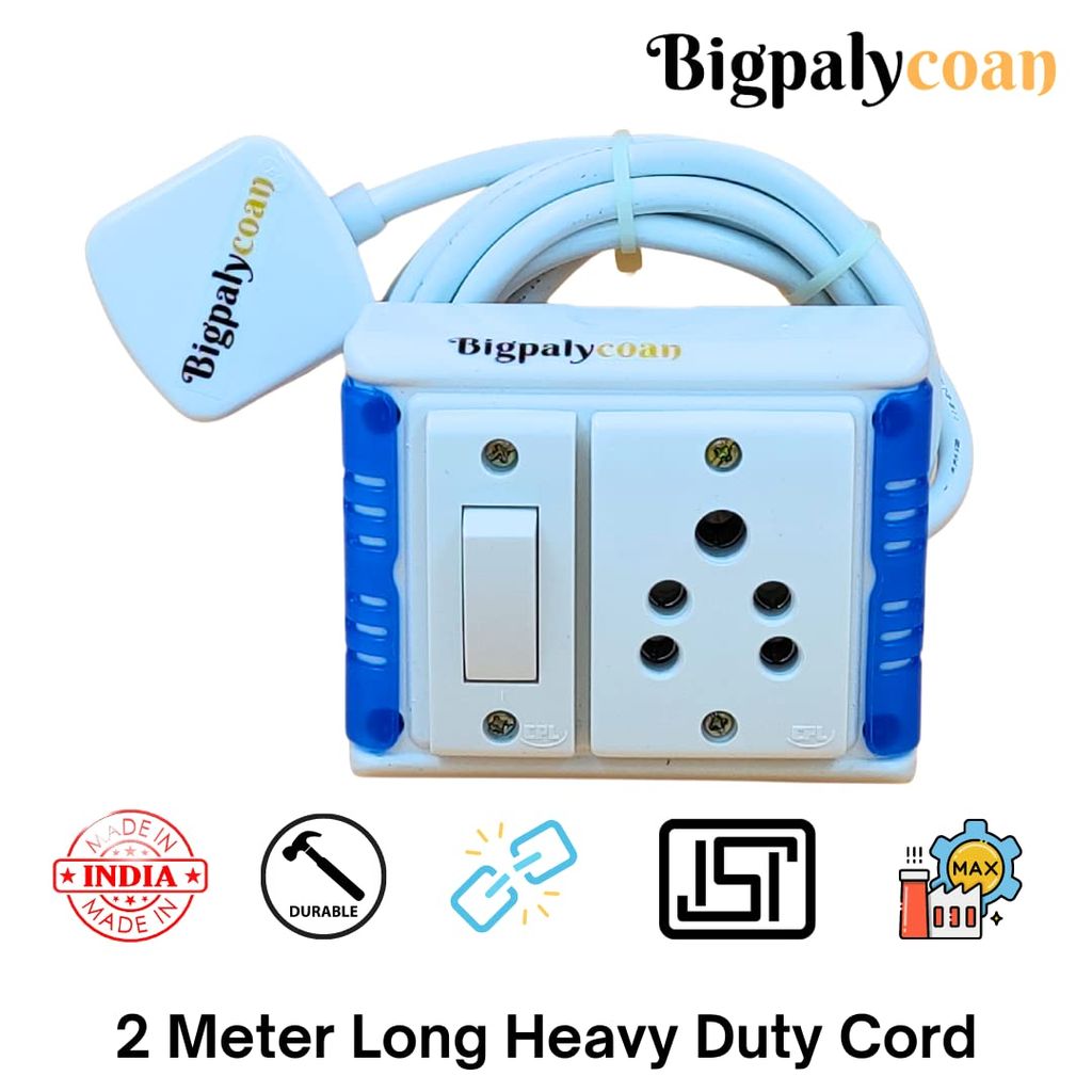 Bigpalycoan 1 Way Extension Multi Outlet Electrical Switch Board with Individual Switch Heavy Duty Long Cord (Max. Rating 1200W- 230V) PVC Blue/Green-White